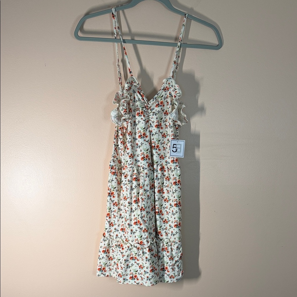 Floral Ruffle Mini Dress - Ivory with Orange & Green Print
